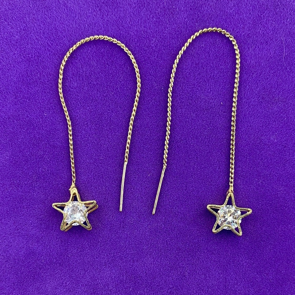 💛 Gold Plated Star Crystal Threaders | Dainty Celestial Pull-Through Earrings